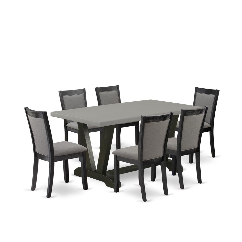 East West Furniture 7 Piece Mid Century Dining Set - A Cement Top Wood Dining Table with Trestle Base and 6 Dark Gotham Grey Linen Fabric Dining Room Chairs - Wire Brushed Black Finish. Picture 2