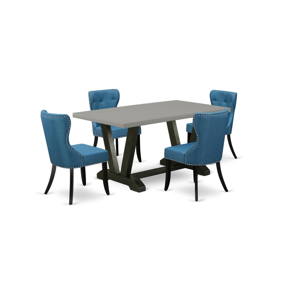 East West Furniture V696SI121-5 5-Piece Dining Table Set- 4 Upholstered Dining Chairs with Blue Linen Fabric Seat and Button Tufted Chair Back - Rectangular Table Top & Wooden Legs - Cement and Black. Picture 1