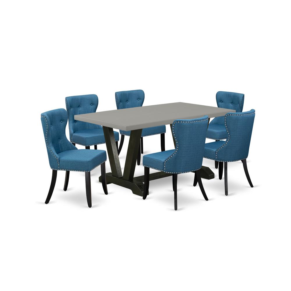 East West Furniture V696SI121-7 7-Piece Dining Table Set- 6 Upholstered Dining Chairs with Blue Linen Fabric Seat and Button Tufted Chair Back - Rectangular Table Top & Wooden Legs - Cement and Black. Picture 1