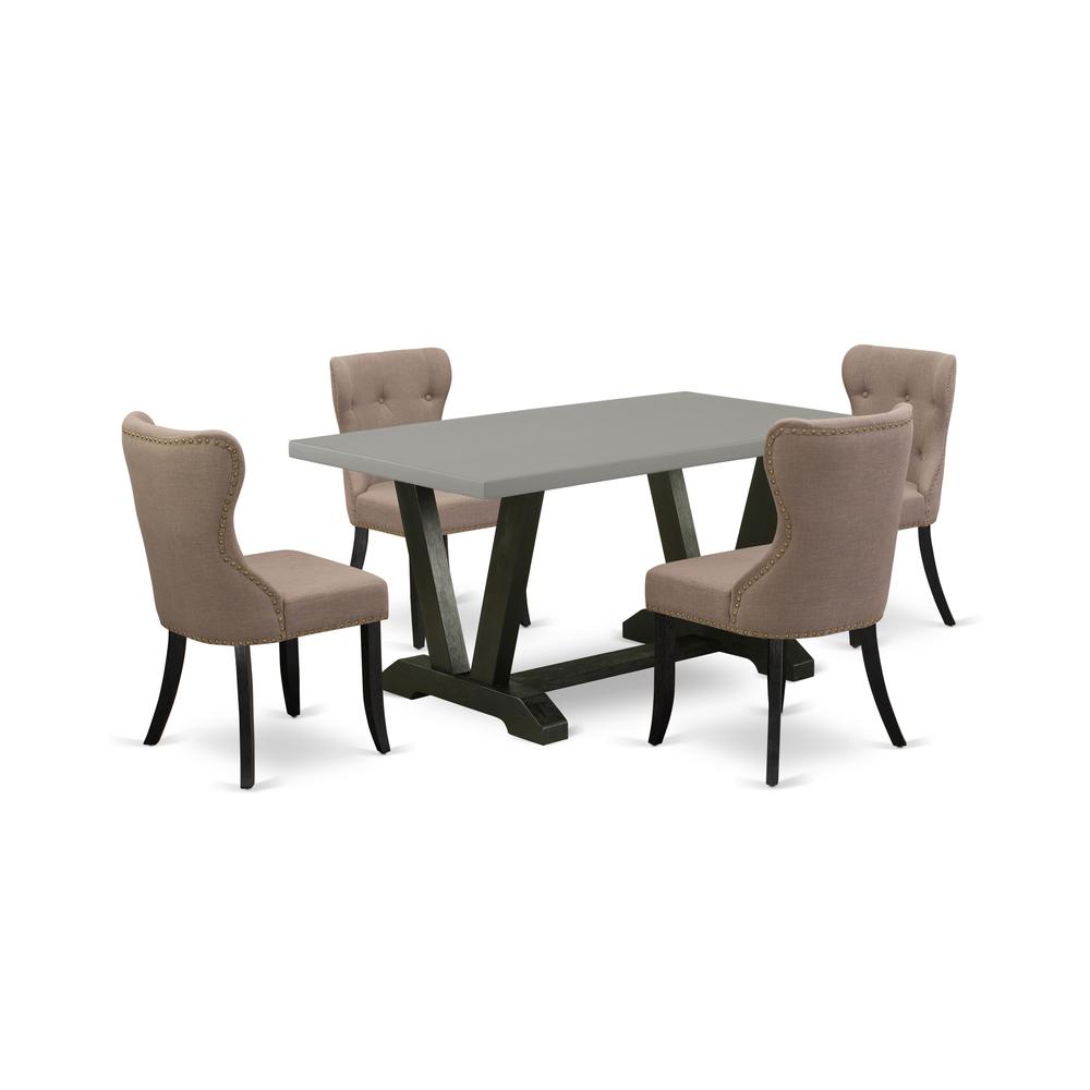 East West Furniture V696SI648-5 5-Piece Modern Dining Set- 4 Parson Dining Chairs with Coffee Linen Fabric Seat and Button Tufted Chair Back - Rectangular Table Top & Wooden Legs - Cement and Wire bru. Picture 1