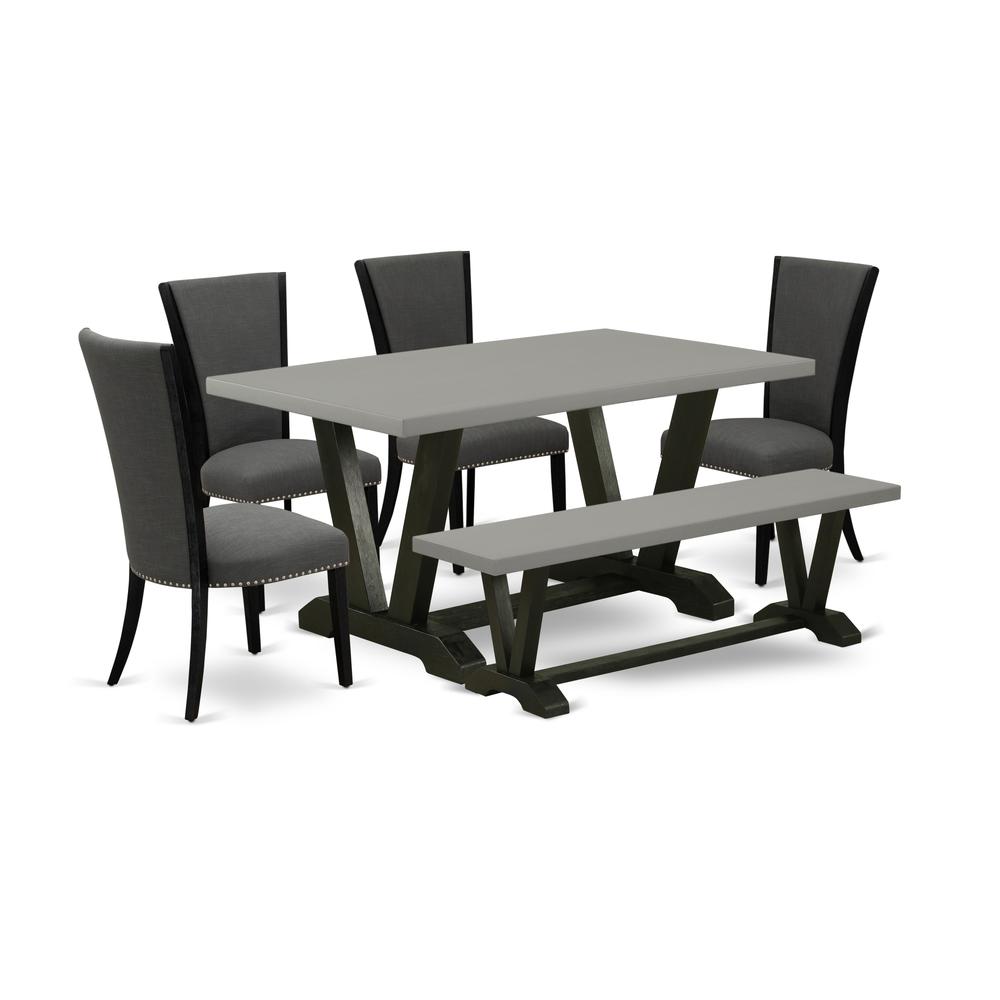 East West Furniture V696VE650-6 6 Piece Dining Room Set - 4 Dark Gotham Grey Linen Fabric Kitchen Chairs with Nailheads and Cement Wood Dining Table - 1 Mid Century Bench - Black Finish. Picture 1