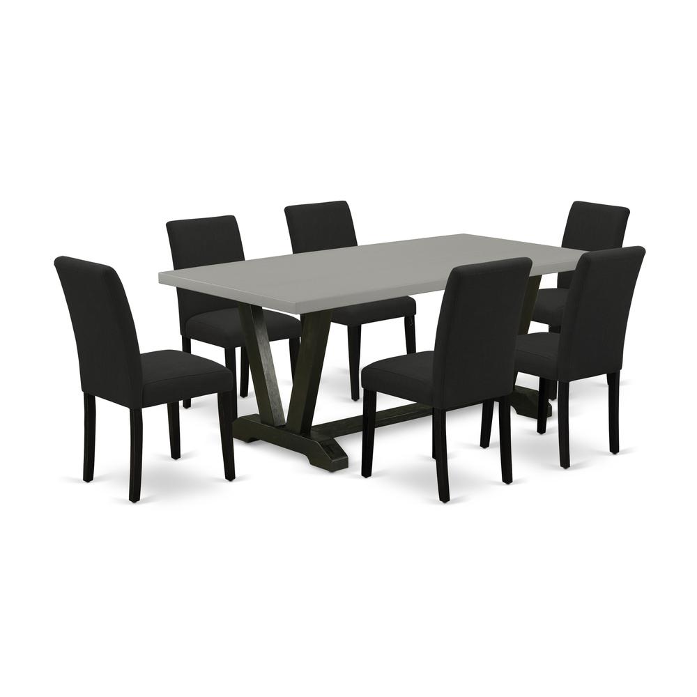 East West Furniture 7-Piece Kitchen Table Set Includes 6 Mid Century Modern Dining Chairs with Upholstered Seat and High Back and a Rectangular Dining Table - Black Finish. Picture 1