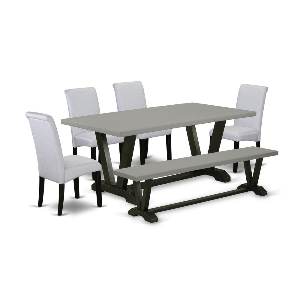 East West Furniture 6 Pc Dining Table Set Contains a Cement Mid Century Dining Table and a Modern Bench, 4 Grey Linen Fabric Parson Chairs with High Back - Wire Brushed Black Finish. Picture 2
