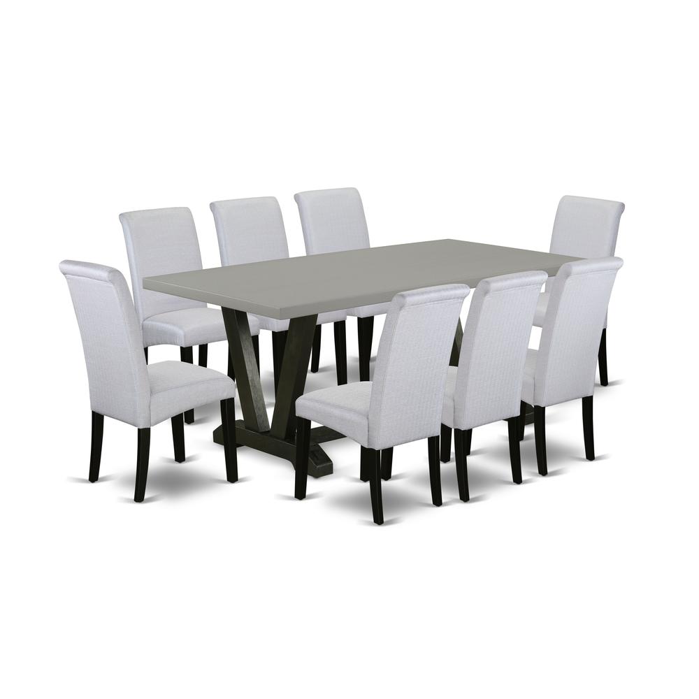East West Furniture V697BA105-9 9-Pc Dining Table Set - 8 Parson Dining Room Chairs and 1 Modern Rectangular Cement Breakfast Table Top with High Chair Back - Wire Brushed Black Finish. The main picture.
