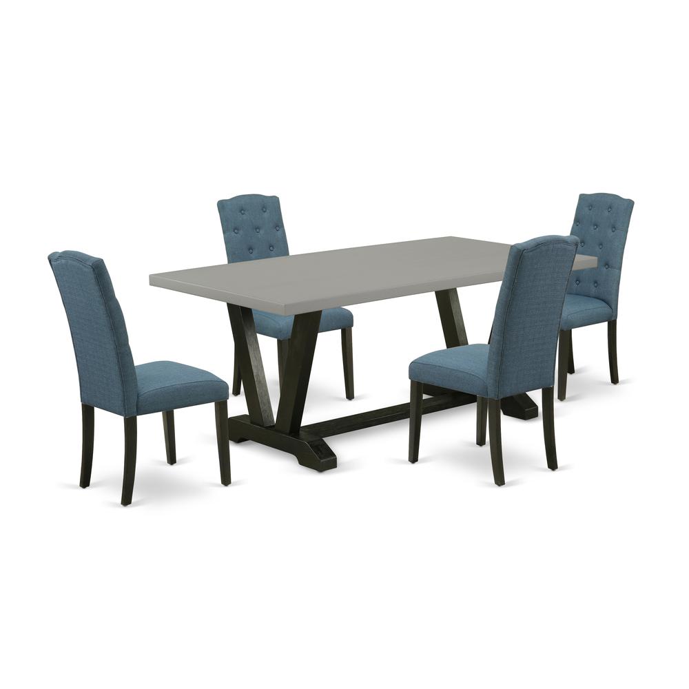 East West Furniture V697CE121-5 5-Pc Dining Room Table Set - 4 Dining Room Chairs and 1 Modern Cement Wooden Dining Table Top with Button Tufted Chair Back - Wire Brushed Black Finish. Picture 1