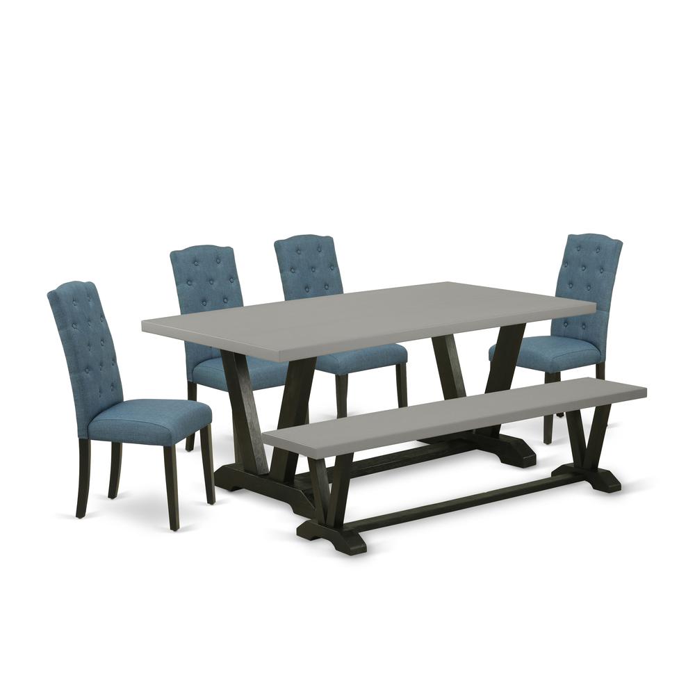 East West Furniture 6 Piece Dining Set Contains a Cement Dining Room Table and a Kitchen Bench, 4 Blue Linen Fabric Upholstered Chairs with Button Tufted Back - Wire Brushed Black Finish. Picture 2