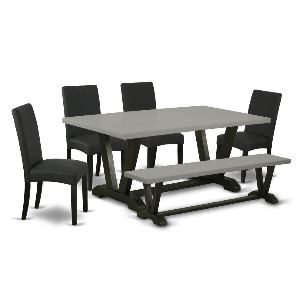 East West Furniture 6-Pc kitchen table set-Black Linen Fabric Seat and High Stylish Chair Back Dining chairs, A Rectangular Bench and Rectangular Top Modern Dining Table with Wood Legs - Cement and Bl. Picture 1