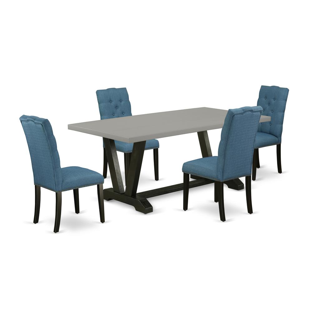 East West Furniture 5-Piece Fashionable Dining Set a Good Cement Color dining table Top and 4 Wonderful Linen Fabric Parson Dining Chairs with Nail Heads and Button Tufted Chair Back, Wire Brushed Bla. The main picture.