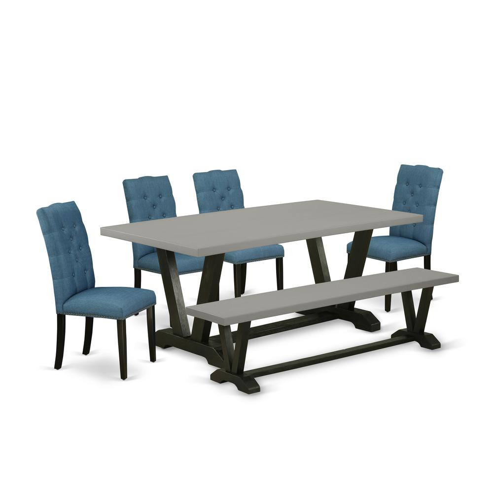 East West Furniture 6-Piece Modern an Excellent Cement Color Wood Dining Table Top and Cement Color Dining Bench and 4 Excellent Linen Fabric Kitchen Chairs with Nail Heads and Button Tufted Chair Bac. Picture 1