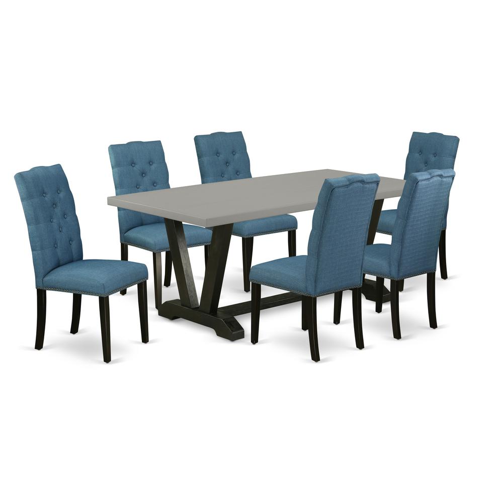 East West Furniture 7-Piece Gorgeous Rectangular Table Set an Excellent Cement Color Rectangular Dining Table Top and 6 Amazing Solid Wood Legs and Linen Fabric seat dining chairs with Nail Heads and. Picture 1