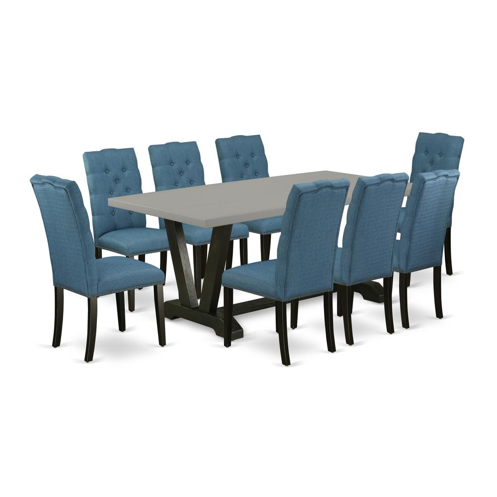 East West Furniture 9-Piece Amazing Dinette Set a Great Cement Color Dining Room Table Top and 8 Lovely Linen Fabric Dining Room Chairs with Nail Heads and Button Tufted Chair Back, Wire Brushed Black. Picture 1
