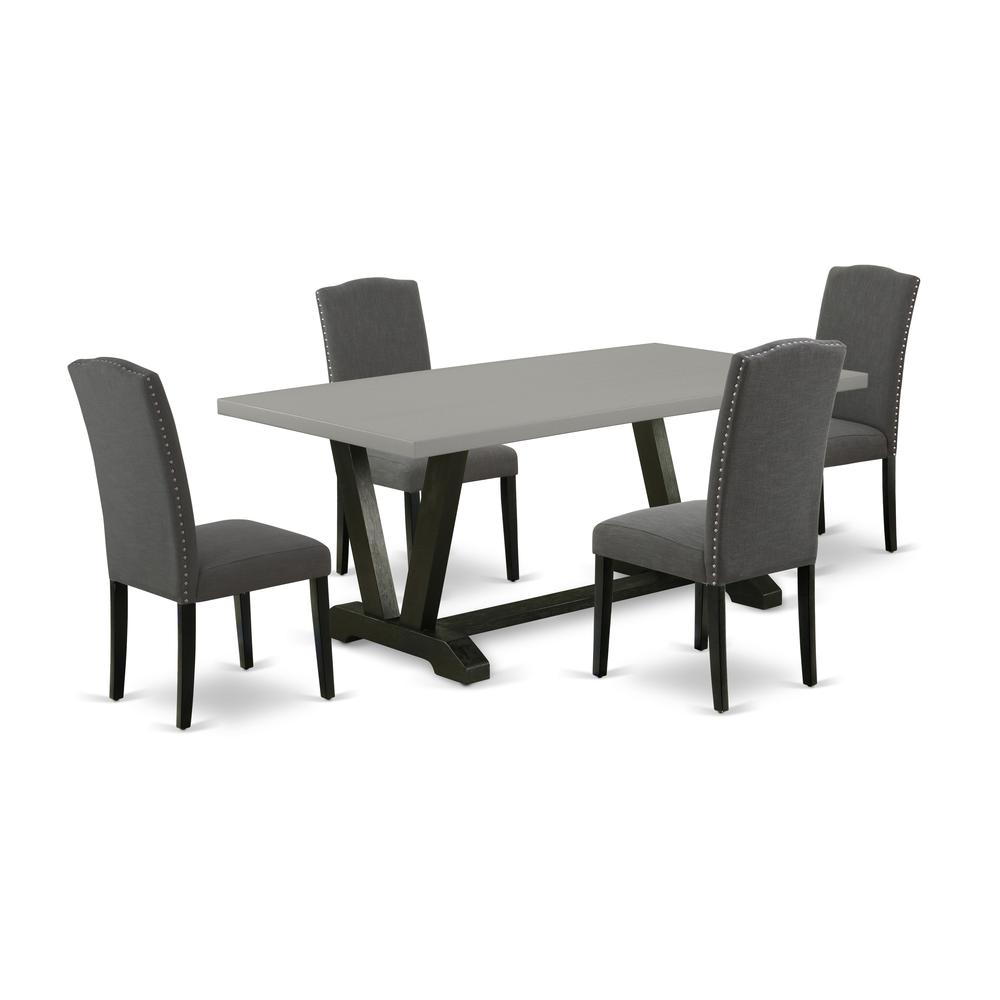 East West Furniture 5-Pc Dinette Set Included 4 Parson Dining chairs Upholstered Nails Head Seat and Stylish Chair Back and Rectangular Dining Table with Cement Color Dining Table Top - Black Finish. Picture 1