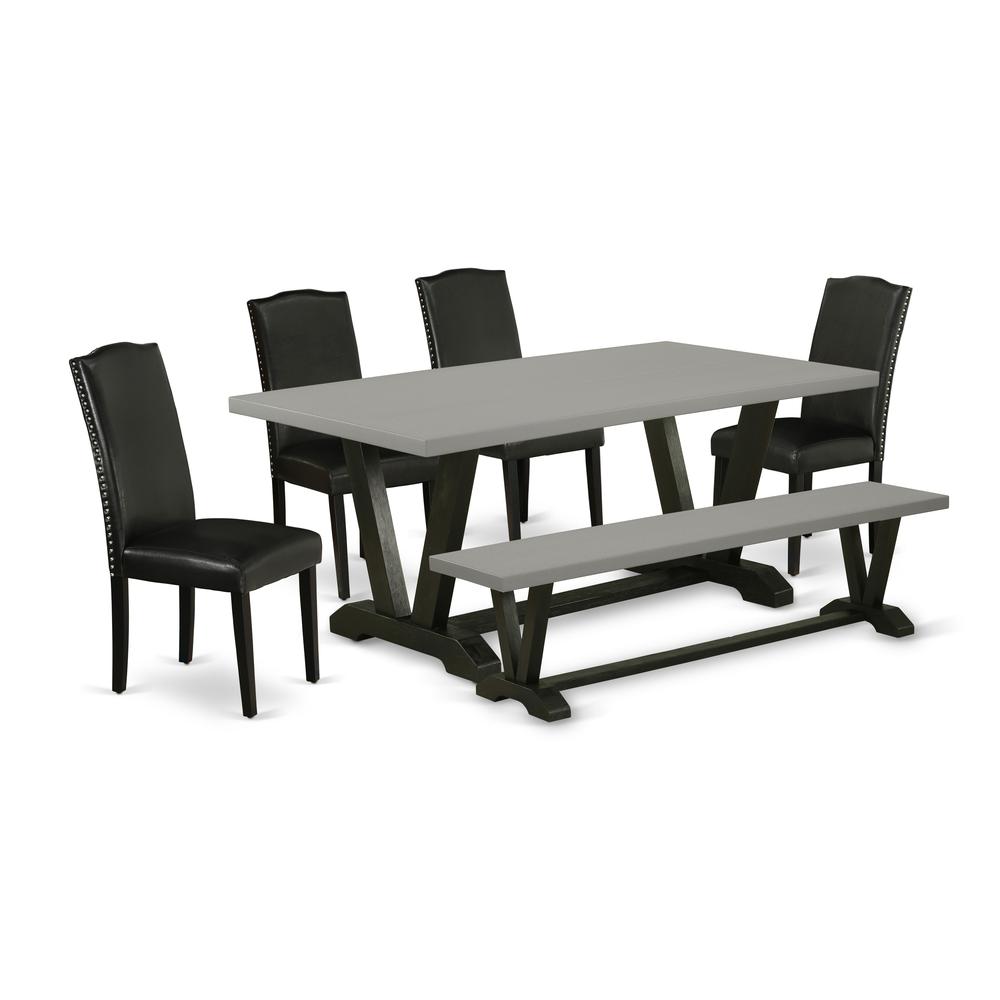 East West Furniture V697EN169-6 6-Pc Dinette Room Set - 4 Parson Chairs, a Dining Bench Cement Top and 1 Modern Cement Dining Room Table Top with High Chair Back - Wire Brushed Black Finish. Picture 1