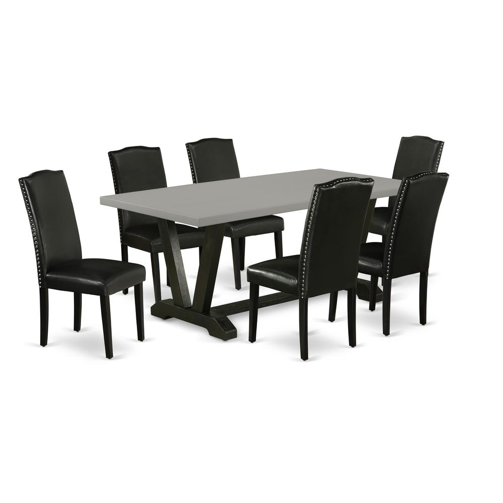 East West Furniture V697EN169-7 7-Pc Kitchen Dining Set - 6 Kitchen Chairs and 1 Modern Rectangular Cement Dining Room Table Top with High Chair Back - Wire Brushed Black Finish. Picture 1