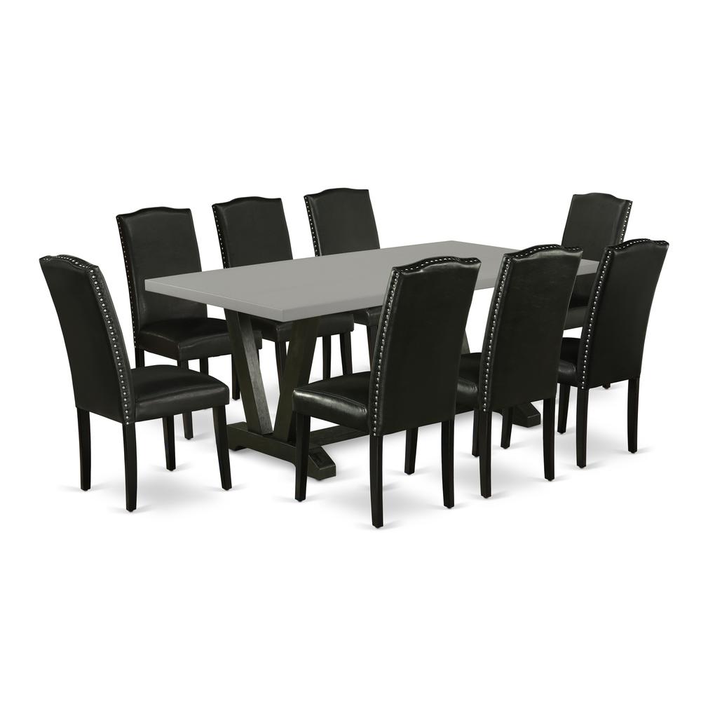 East West Furniture V697EN169-9 9-Pc Dining Room Table Set - 8 Parson Chairs and 1 Modern Rectangular Cement Kitchen Table Top with High Chair Back - Wire Brushed Black Finish. Picture 1