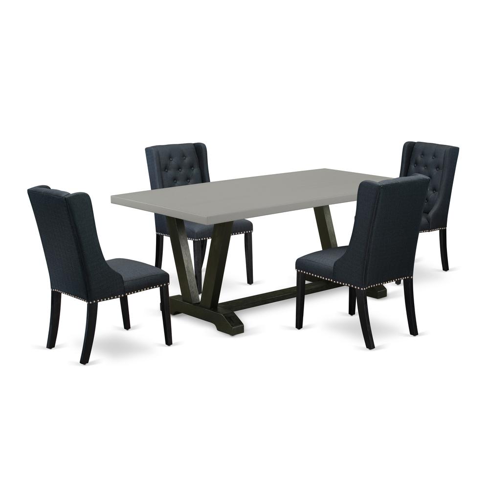 East West Furniture V697FO624-5 5 Piece Dining Set Consists of 4 Black Linen Fabric Dining Room Chairs with Nail heads and Cement Rectangular Table - Wire Brush Black Finish. Picture 1