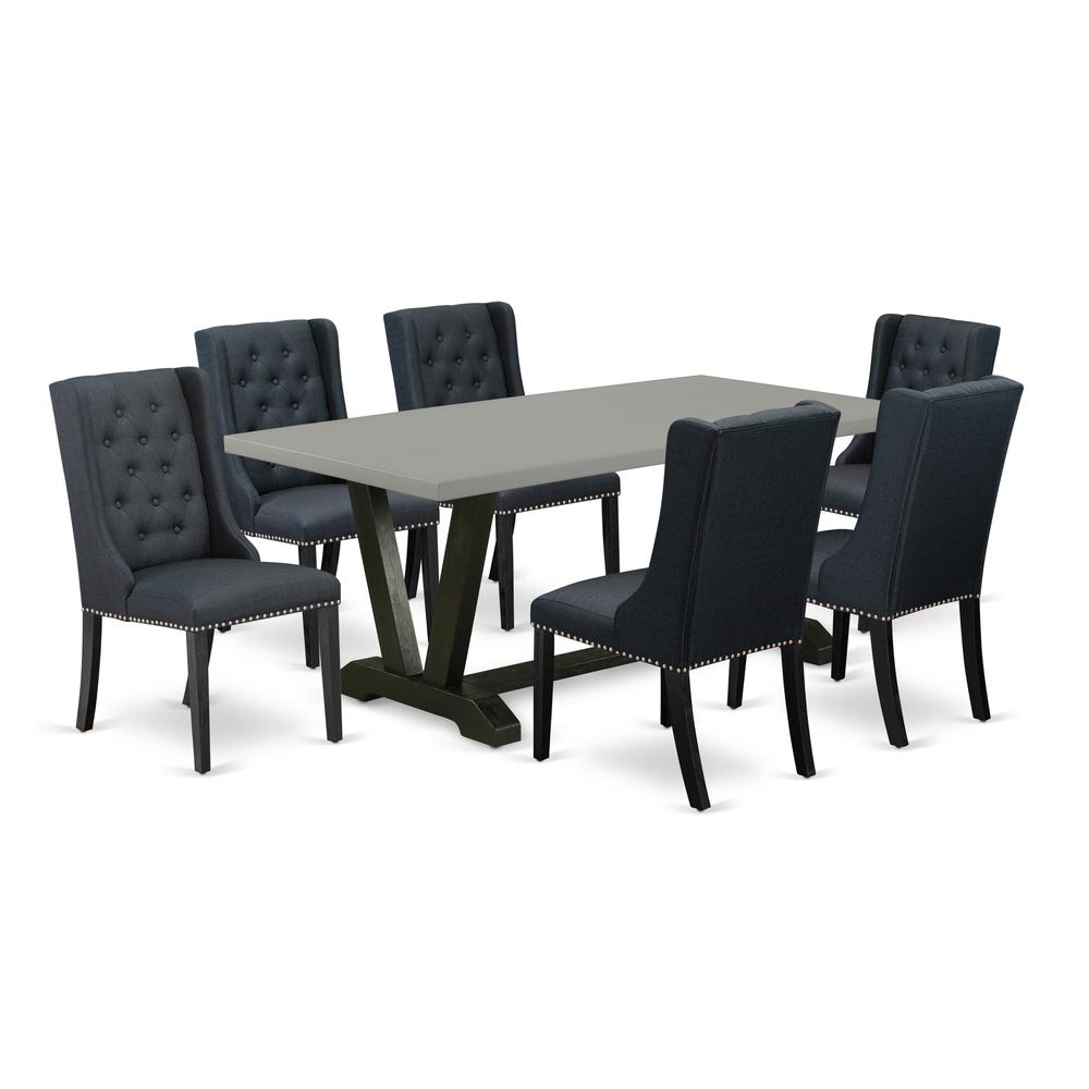 East West Furniture V697FO624-7 7 Piece Kitchen Table Set - 6 Black Linen Fabric Dining Room Chairs Button Tufted with Nailheads and Cement Dining Room Table - Wire Brush Black Finish. Picture 1