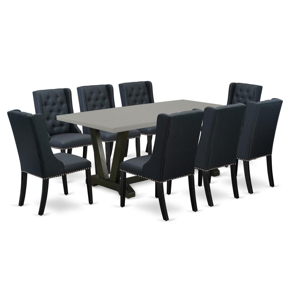 East West Furniture V697FO624-9 9 Pc Dining Room Set - 8 Black Linen Fabric Dining Chairs Button Tufted with Nail heads and Cement Dining Room Table - Wire Brush Black Finish. Picture 1