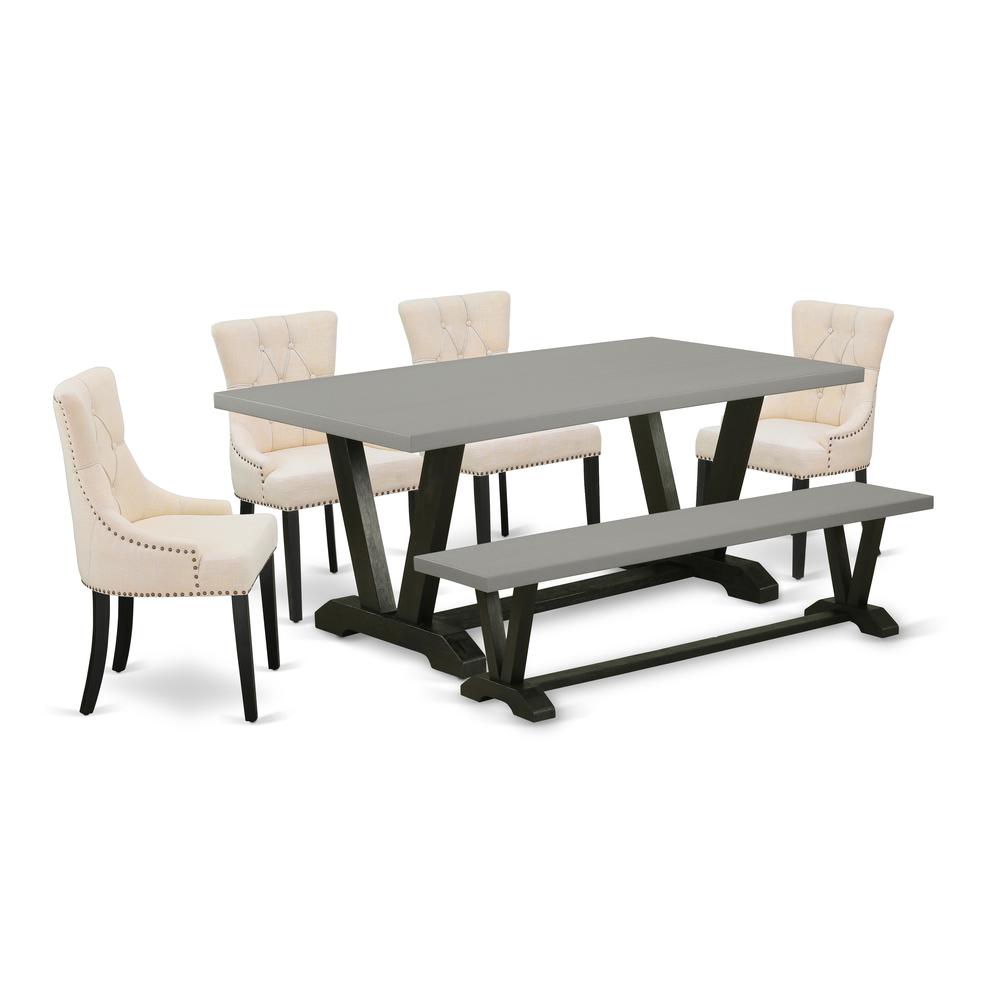 East West Furniture V697FR102-6 6-Pc Dining Table Set - 4 Parson Chairs, a Wood Bench Cement Top and 1 Modern Cement Table Top with Button Tufted Chair Back - Wire Brushed Black Finish. Picture 1