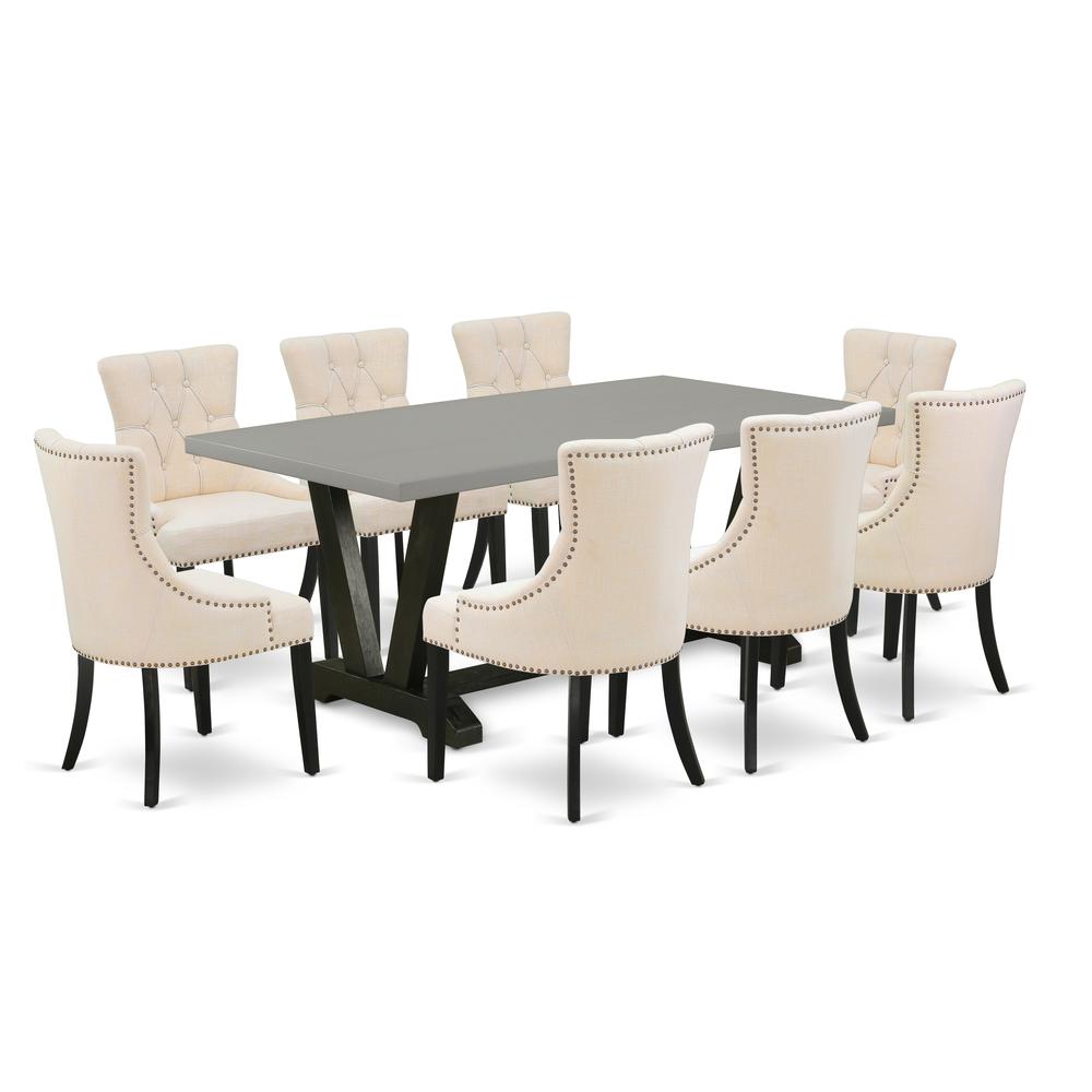 East West Furniture V697FR102-9 9-Pc Kitchen Dining Set - 8 Kitchen Parson Chairs and 1 Modern Rectangular Cement Dining Table Top with Button Tufted Chair Back - Wire Brushed Black Finish. Picture 1