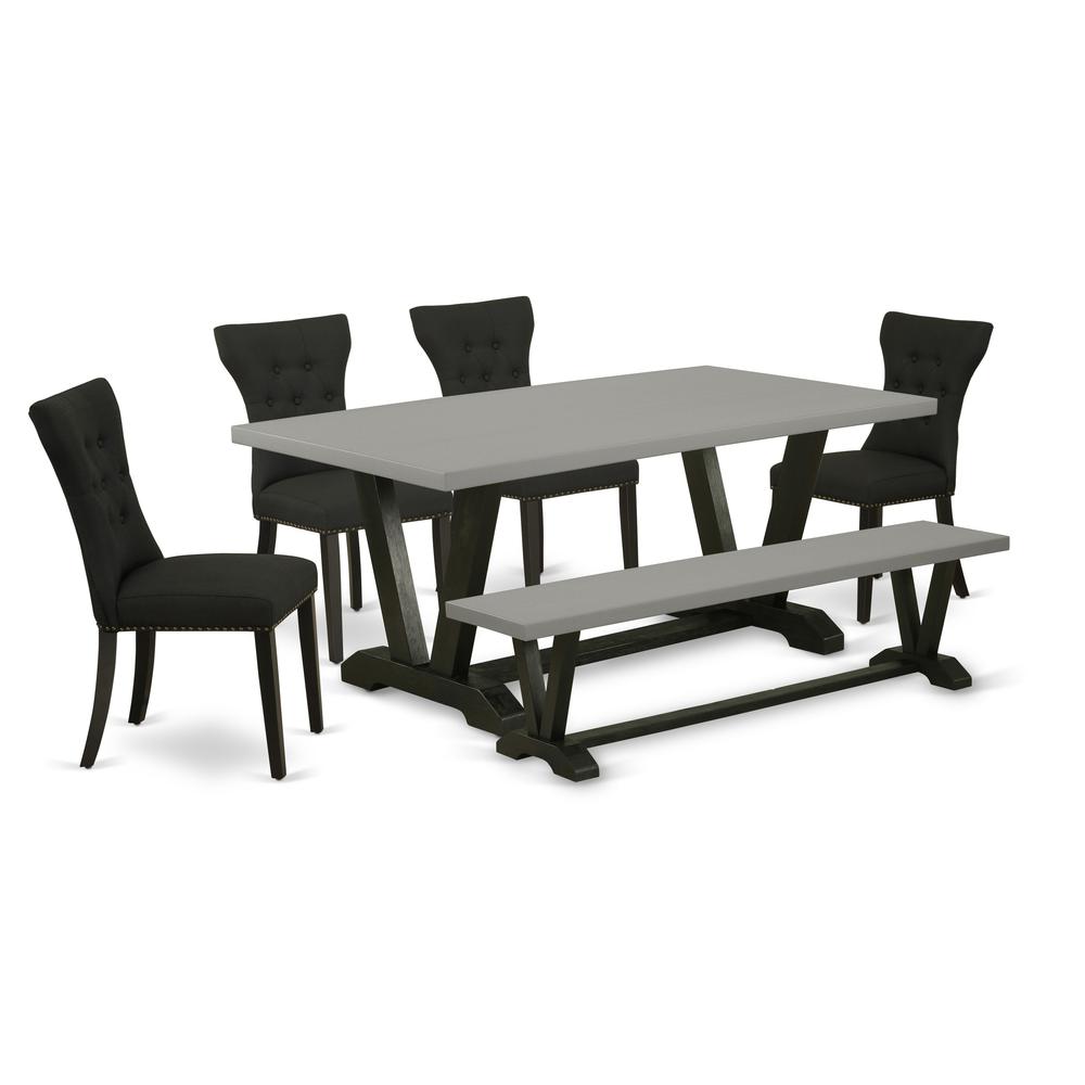 East West Furniture V697GA124-6 6-Pc Dining Set - 4 Dining Chairs, a Wood Bench Cement Top and 1 Modern Cement Dining Table Top with Button Tufted Chair Back - Wire Brushed Black Finish. Picture 1