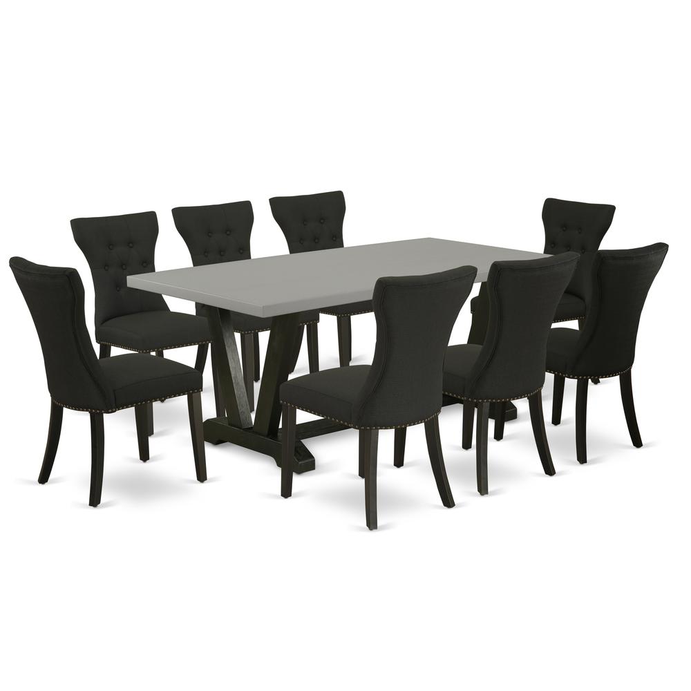 East West Furniture V697GA124-9 9-Pc Kitchen Dining Room Set - 8 Dining Chairs and 1 Modern Cement Dining Room Table Top with Button Tufted Chair Back - Wire Brushed Black Finish. Picture 1