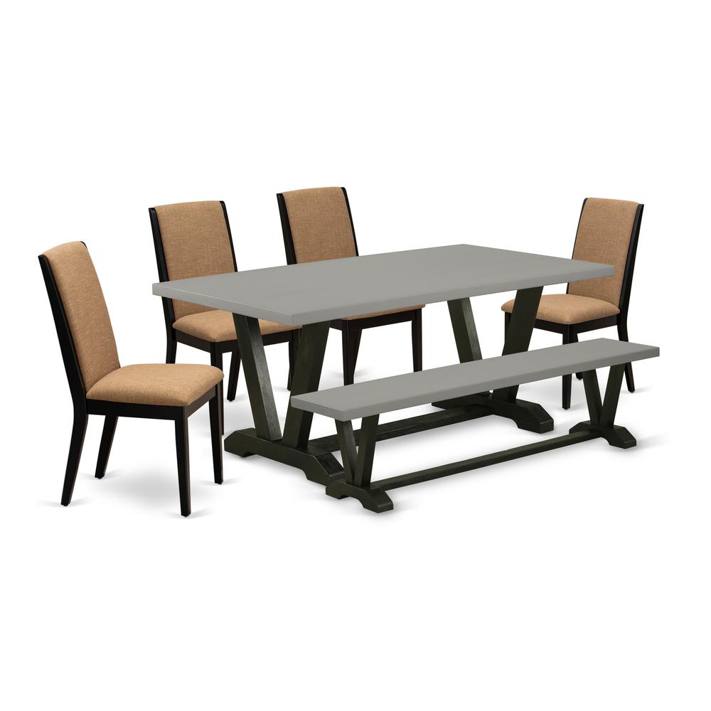 East West Furniture V697LA147-6 6-Piece Beautiful Dining Room Table Set an Excellent Cement Color rectangular Table Top and Cement Color Wooden Bench Indoor and 4 Amazing Linen Fabric Kitchen Chairs w. Picture 1