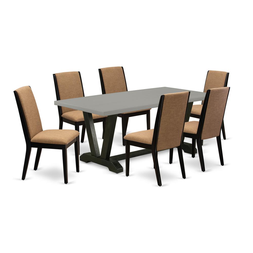 East West Furniture V697LA147-7 7-Piece Modern Dining Table Set an Outstanding Cement Color dining table Top and 6 Wonderful Linen Fabric Dining Room Chairs with Stylish Chair Back, Wire Brushed Black. Picture 1