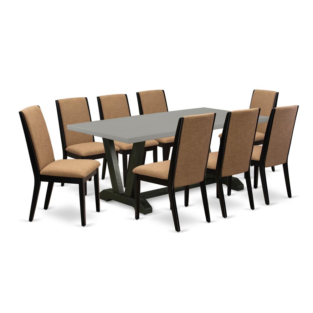East West Furniture V697LA147-9 9-Piece Stylish Dining Table Set a Great Cement Color Rectangular Dining Table Top and 8 Lovely Linen Fabric Dining Chairs with Stylish Chair Back, Wire Brushed Black F. Picture 1