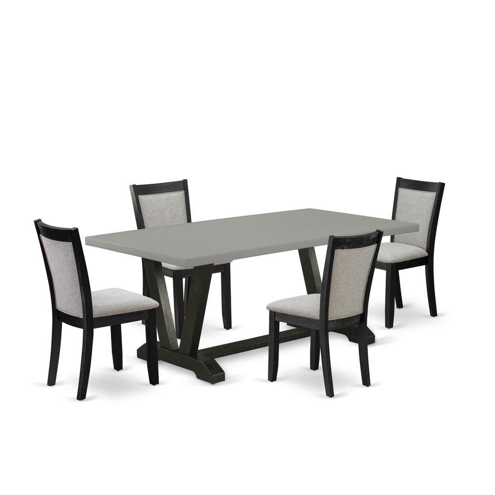 East West Furniture 5 Piece Mid Century Dining Set - Cement Top Wooden Table with Trestle Base and 4 Shitake Linen Fabric Upholstered Dining Chairs - Wire Brushed Black Finish. Picture 2