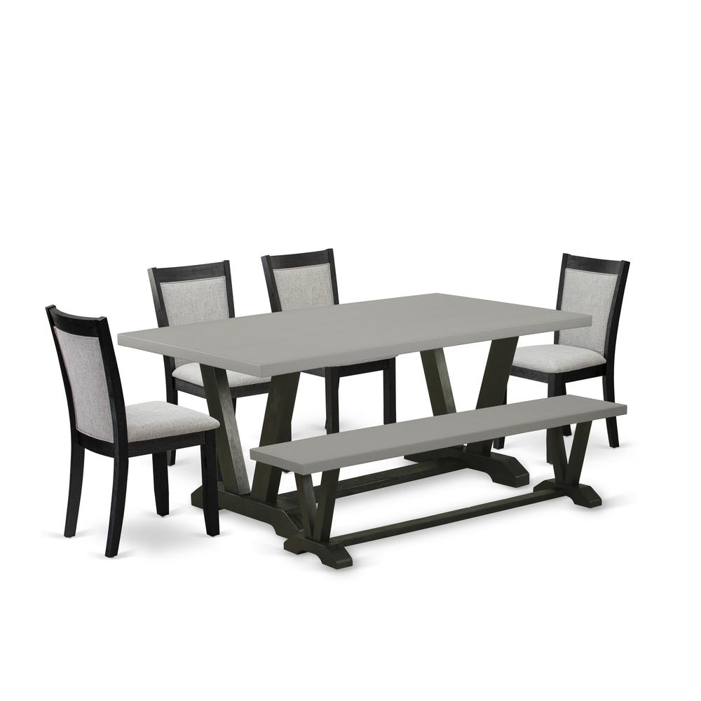 East West Furniture 6 Piece Modern Dining Set - Cement Top Dinning Table with a Kitchen Bench and 4 Shitake Linen Fabric Upholstered Parson Chairs - Wire Brushed Black Finish. Picture 2