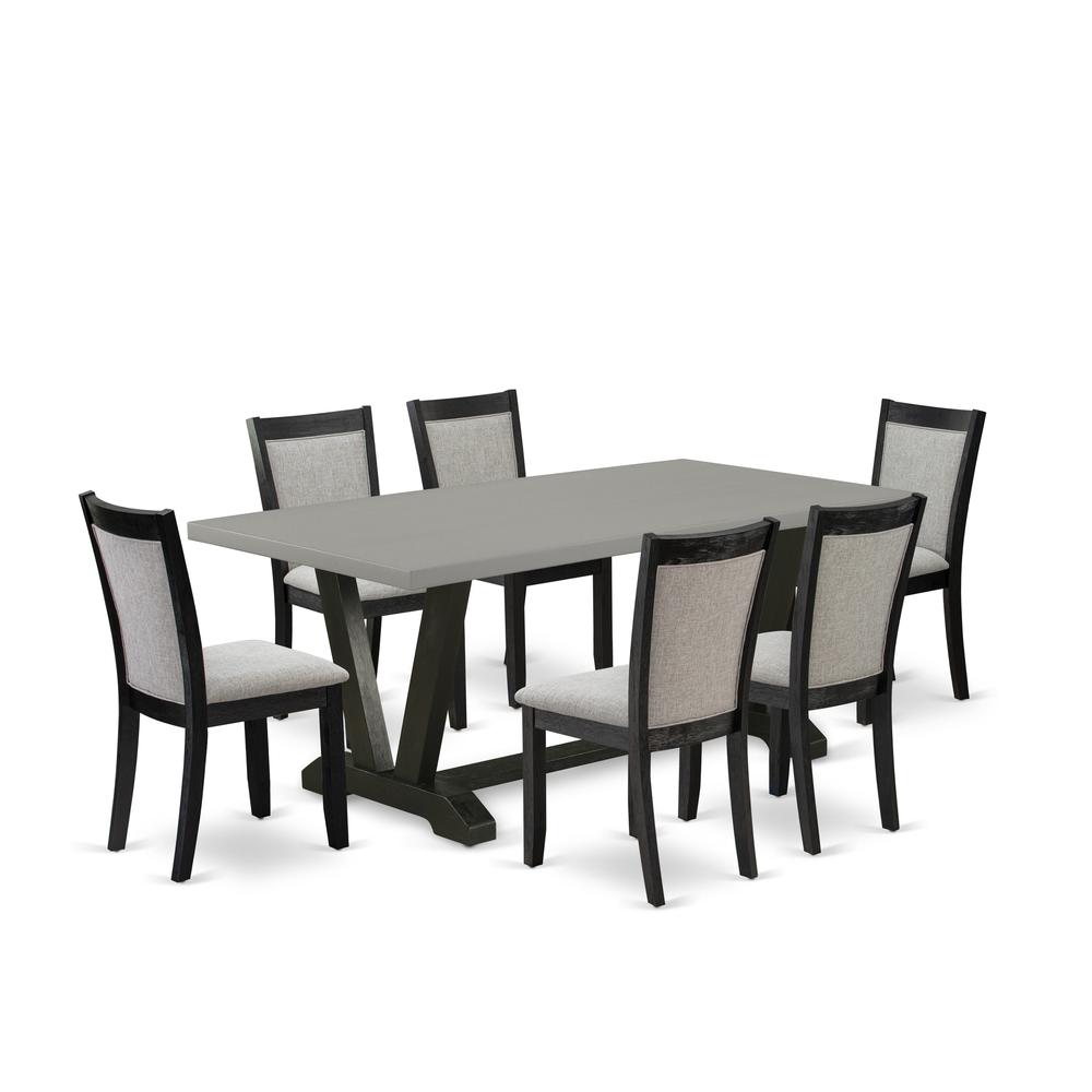 East West Furniture 7 Piece Mid Century Dining Set - Cement Top Modern Kitchen Table with Trestle Base and 6 Shitake Linen Fabric Upholstered Dining Chairs - Wire Brushed Black Finish. Picture 2