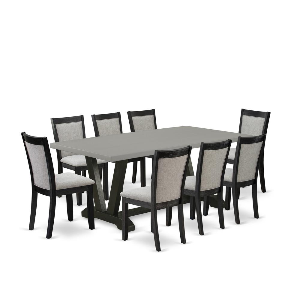 East West Furniture 9 Piece Modern Dining Set - A Cement Top Wooden Table with Trestle Base and 8 Shitake Linen Fabric Kitchen Chairs - Wire Brushed Black Finish. Picture 2