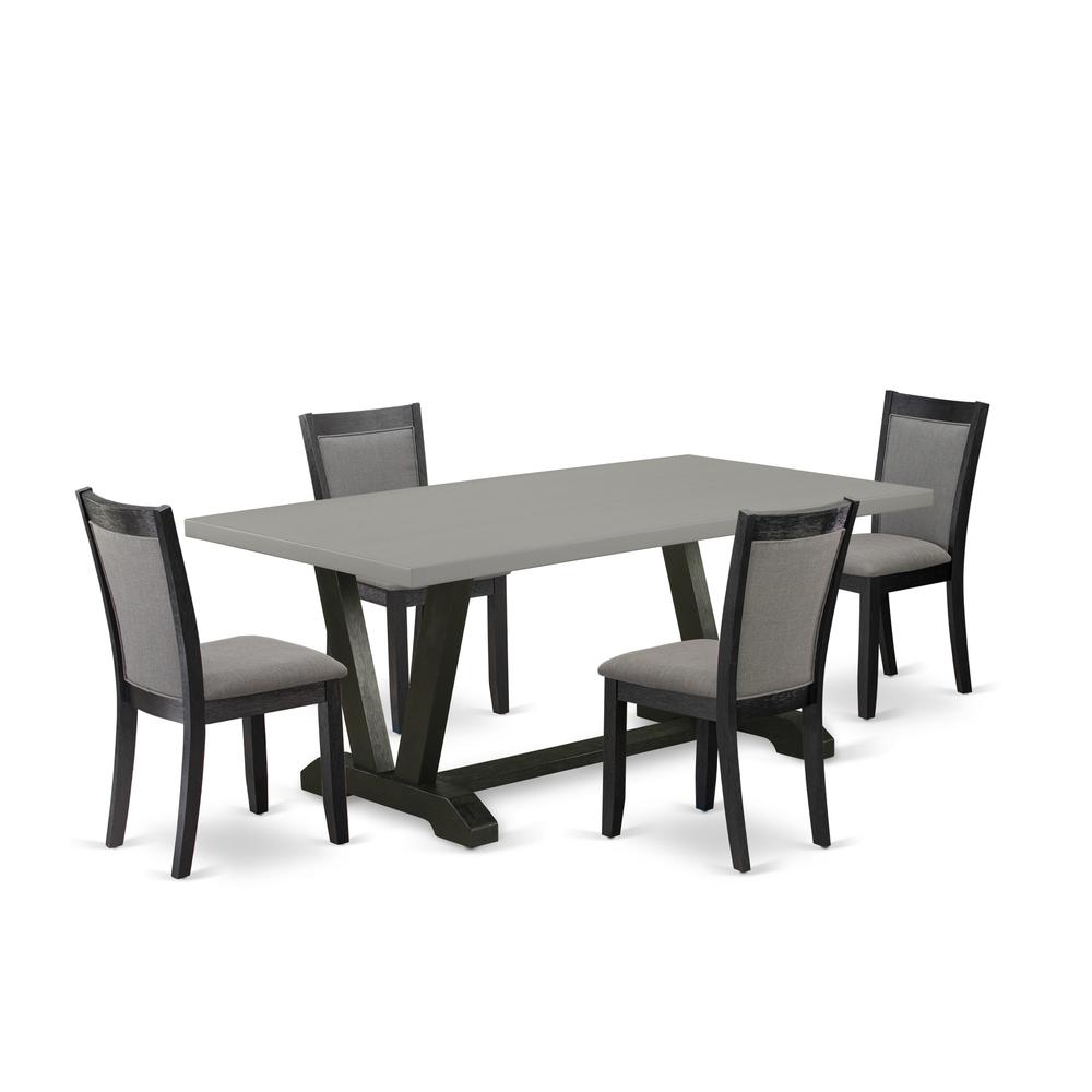 East West Furniture 5 Piece Table Set - A Cement Top Modern Dining Table with Trestle Base and 4 Dark Gotham Grey Linen Fabric Upholstered Dining Chairs - Wire Brushed Black Finish. Picture 2