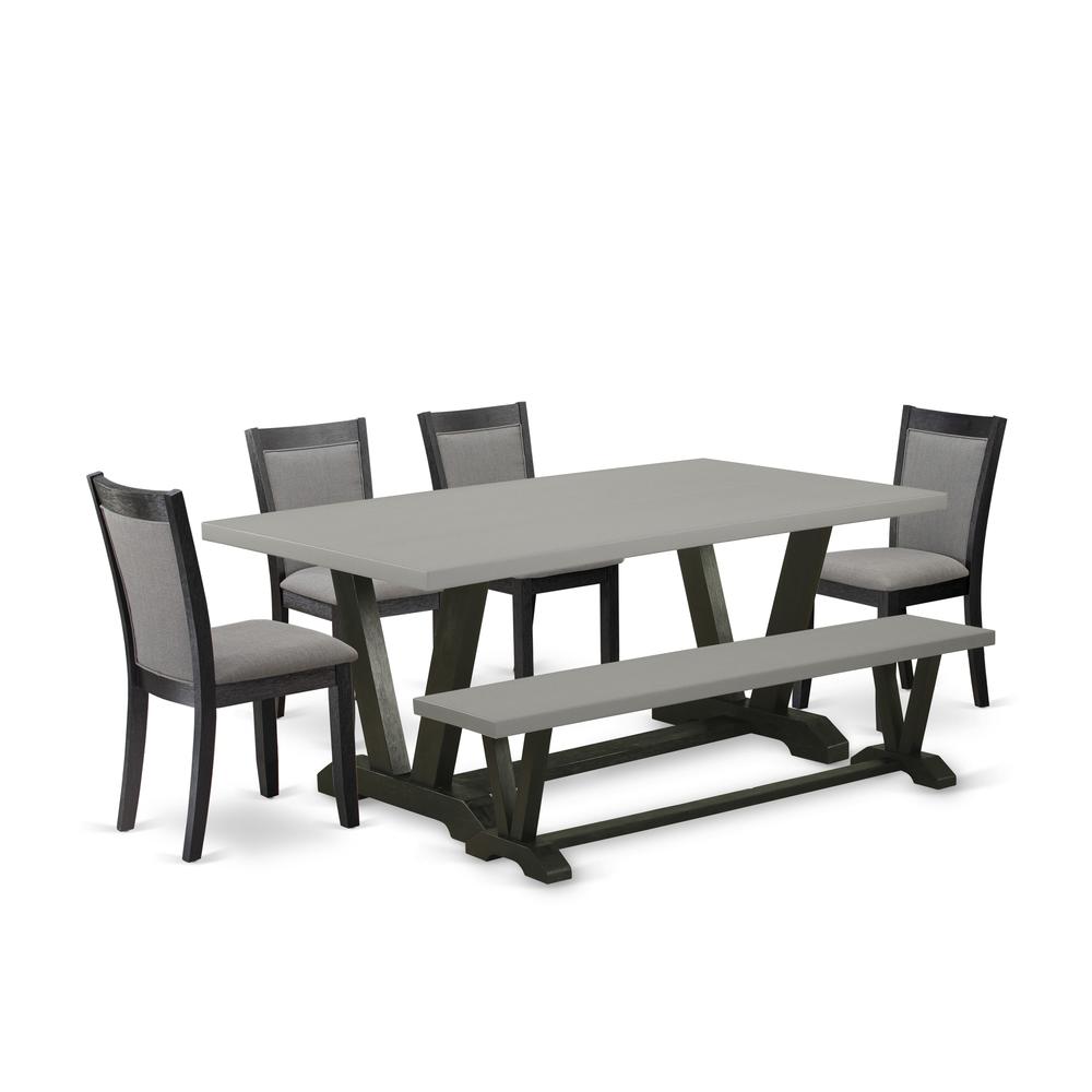 East West Furniture 6 Pc Dinner Table Set - Cement Top Modern Dining Table with a Wooden Bench and 4 Dark Gotham Grey Linen Fabric Upholstered Dining Chairs - Wire Brushed Black Finish. Picture 2