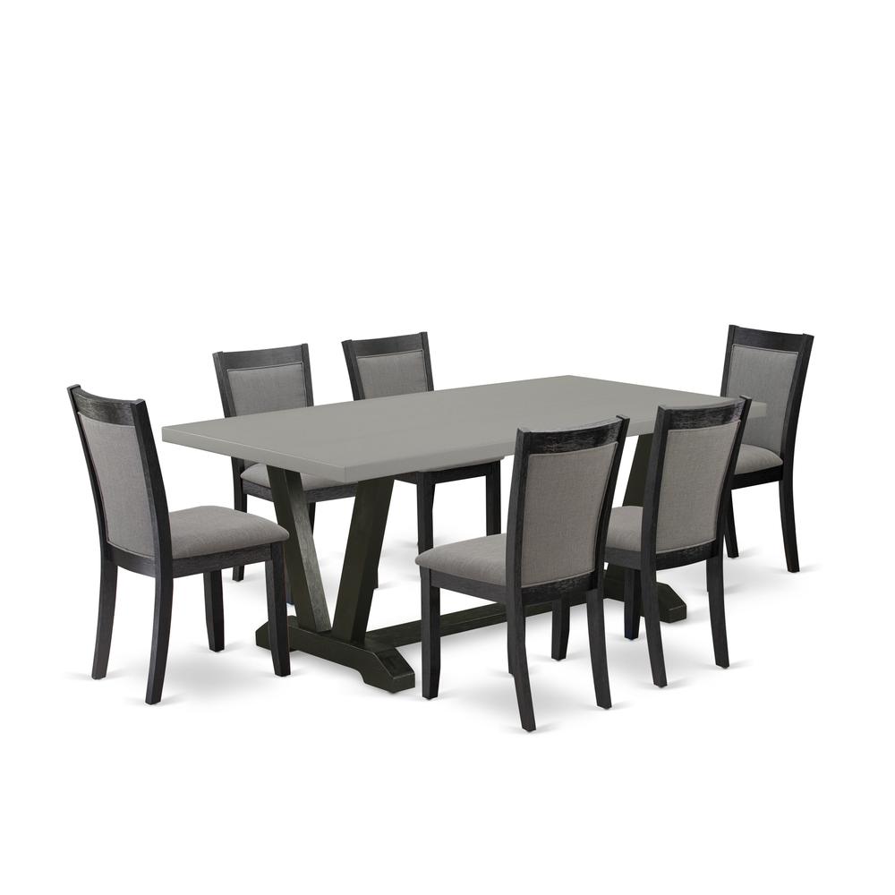 East West Furniture 7 Piece Modern Dining Set - Cement Top Modern Kitchen Table with Trestle Base and 6 Dark Gotham Grey Linen Fabric Dining Chairs - Wire Brushed Black Finish. Picture 2