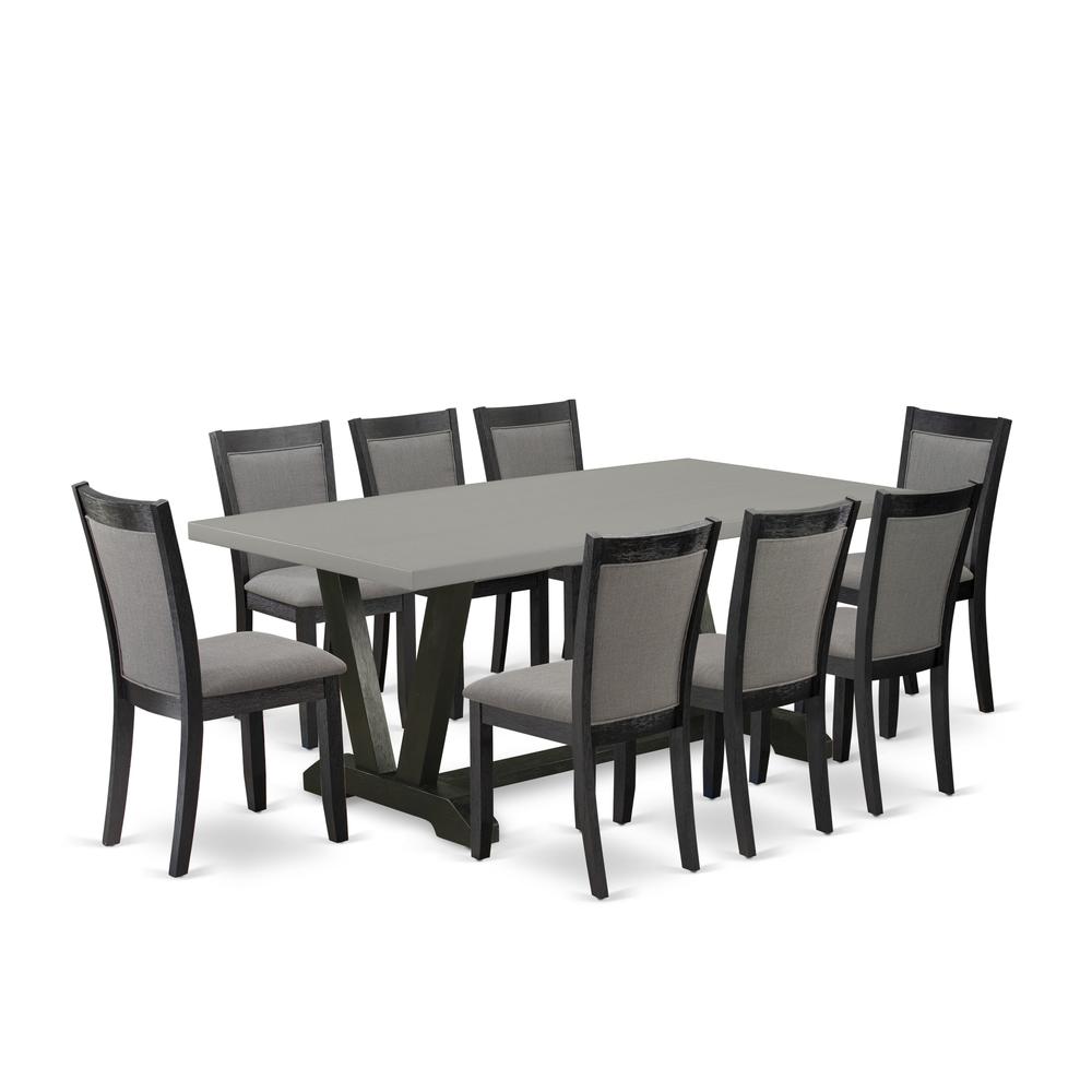East West Furniture 9 Piece Dining Room Set - Cement Top Wood Dining Table with Trestle Base and 8 Dark Gotham Grey Linen Fabric Parson Chairs - Wire Brushed Black Finish. Picture 2