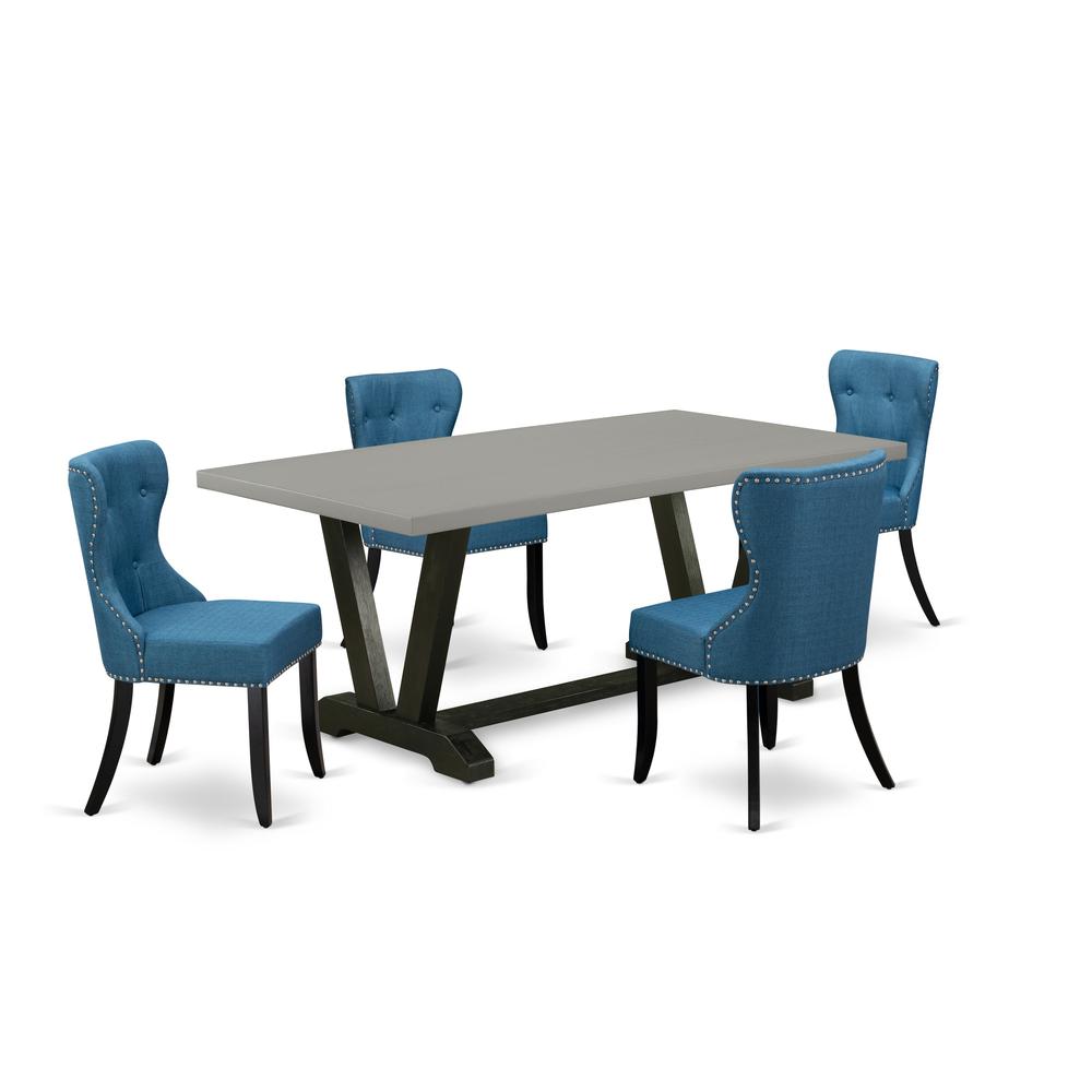 East West Furniture V697SI121-5 5-Pc Modern Dining Table Set- 4 Parson Dining Chairs with Blue Linen Fabric Seat and Button Tufted Chair Back - Rectangular Table Top & Wooden Legs - Cement and Black F. Picture 1