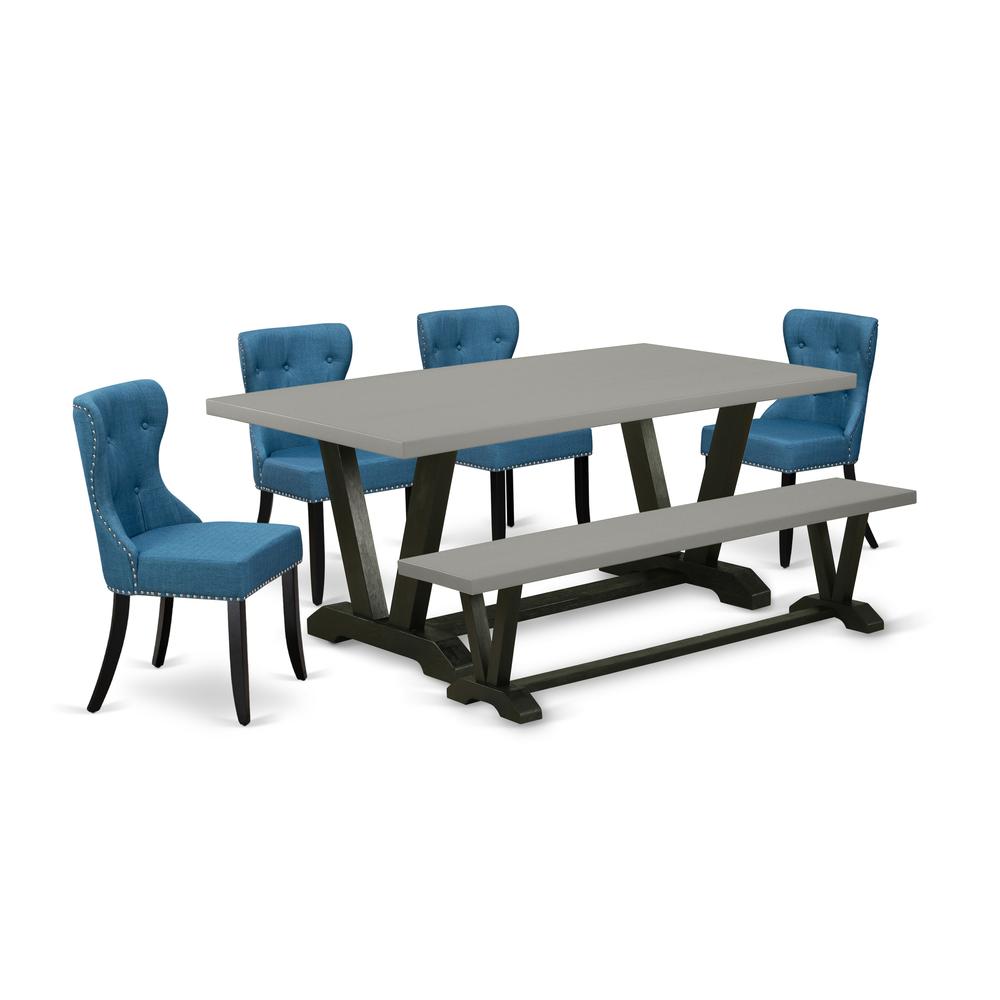 East West Furniture V697SI121-6 6-Piece Dining Table Set- 4 Mid Century Dining Chairs with Blue Linen Fabric Seat and Button Tufted Chair Back - Rectangular Top & Wooden Legs Kitchen Table and Dining. Picture 1
