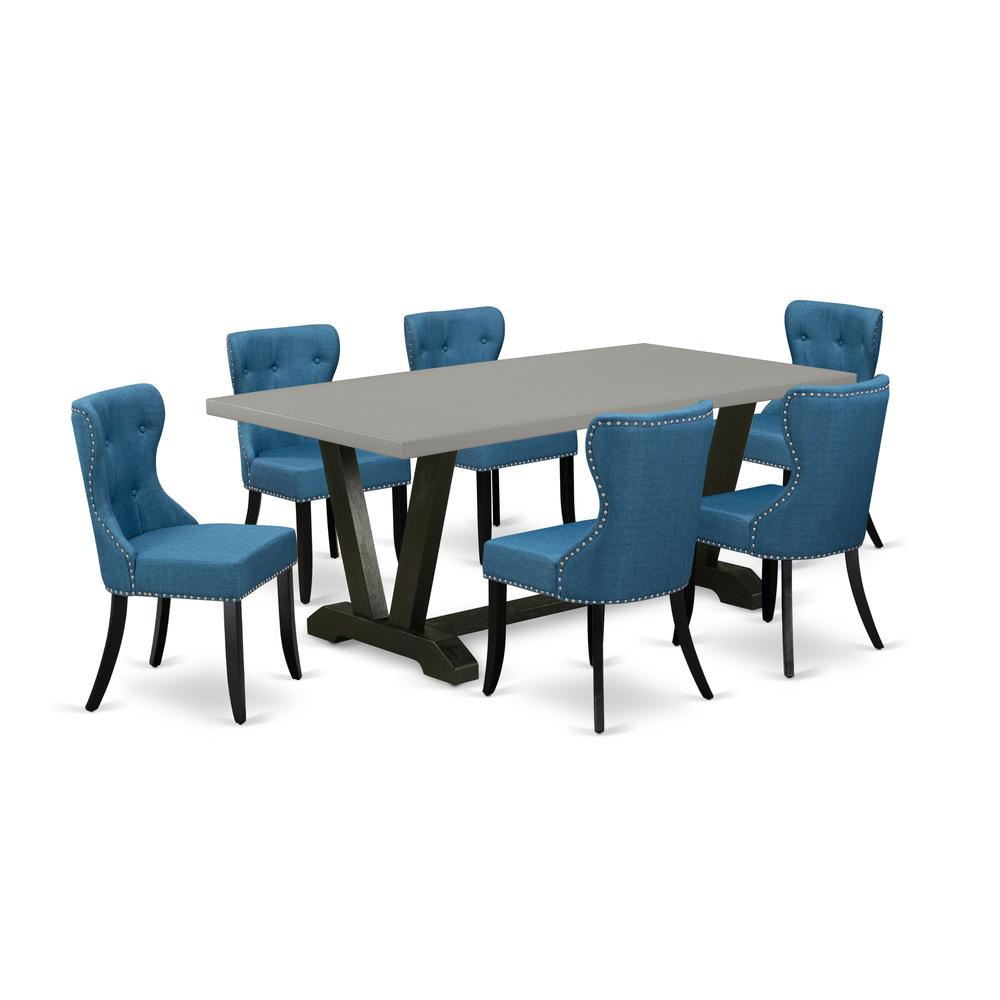 East West Furniture V697SI121-7 7-Pc Dining Room Table Set- 6 Dining Room Chairs with Blue Linen Fabric Seat and Button Tufted Chair Back - Rectangular Table Top & Wooden Legs - Cement and Black Finis. Picture 1