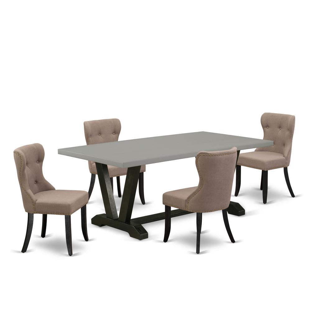 East West Furniture V697SI648-5 5-Pc Dining Table Set- 4 Kitchen Parson Chairs with Coffee Linen Fabric Seat and Button Tufted Chair Back - Rectangular Table Top & Wooden Legs - Cement and Wire Brushe. Picture 1