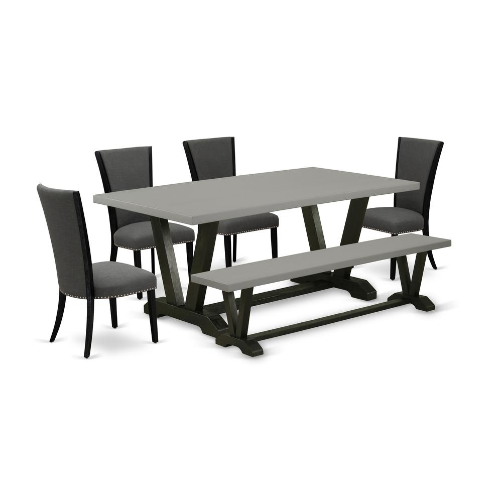 East West Furniture V697VE650-6 6 Piece dining table set - 4 Dark Gotham Grey Linen Fabric Comfortable Chair with Nailheads and Cement Dining Room Table - 1 Dining Bench - Black Finish. Picture 1