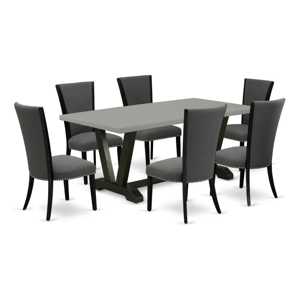 East West Furniture 7 Pc Kitchen Dining Table Set Includes a Cement Kitchen Table and 6 Dark Gotham Grey Linen Fabric Upholstered Chairs with High Back - Wire Brushed Black Finish. Picture 2