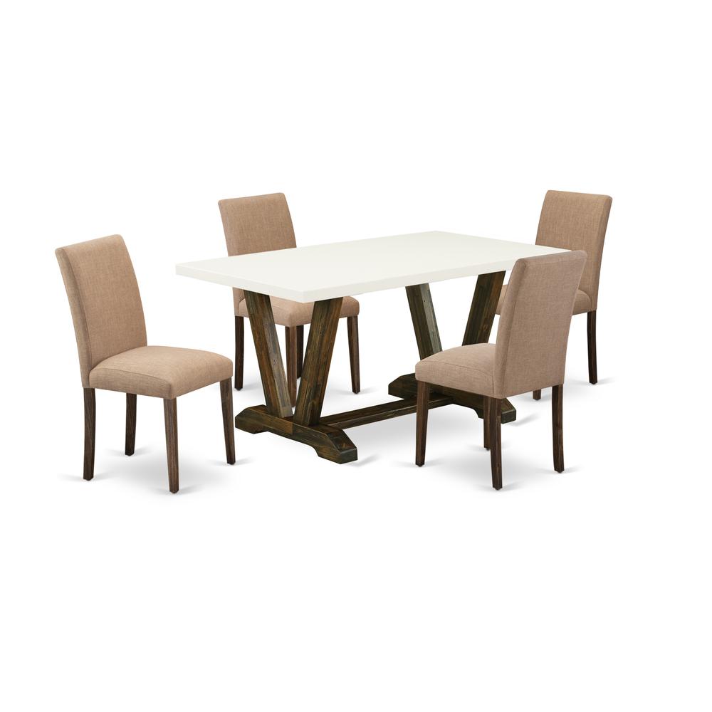 East West Furniture 5-Pc Dining Room Table Set Includes 4 Dining Chairs with Upholstered Seat and High Back and a Rectangular Dining Table - Distressed Jacobean Finish. Picture 1