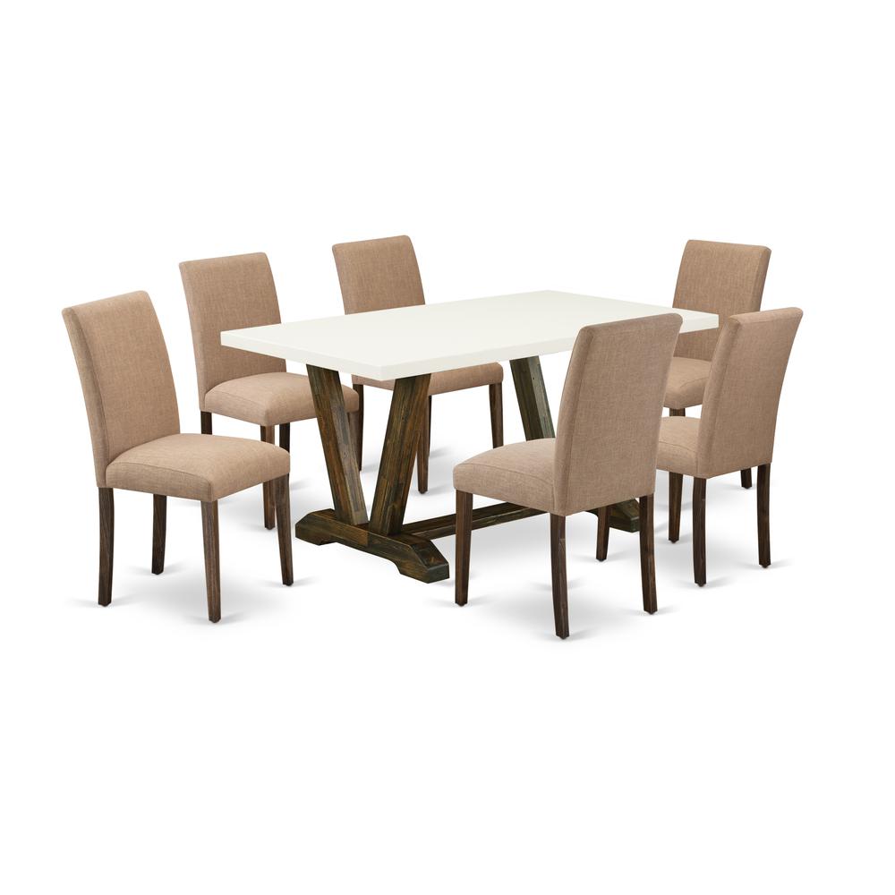 East West Furniture 7-Pc wooden dining table set Includes 6 Modern Chairs with Upholstered Seat and High Back and a Rectangular Modern Dining Table - Distressed Jacobean Finish. Picture 1