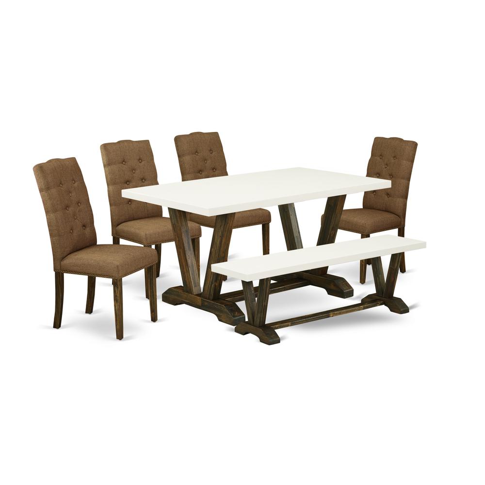 East West Furniture 6-Pc Dining -Brown Beige Linen Fabric Seat and Button Tufted Chair Back Parson Dining chairs, A Rectangular Bench and Rectangular Top Dining room Table with Solid Wood Legs - Linen. Picture 1