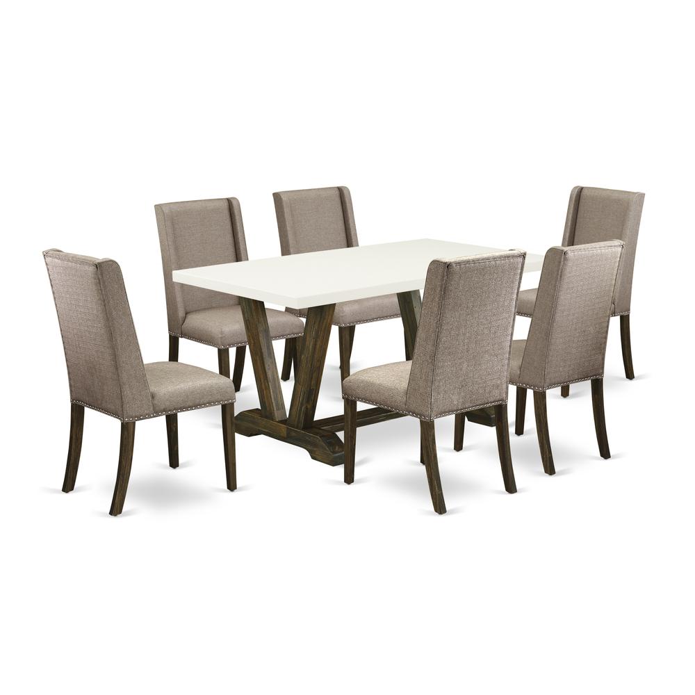 East West Furniture V726FL716-7 - 7-Piece Small Dining Table Set - 6 Upholstered Dining Chairs and Dining Table Solid Wood Frame. Picture 1