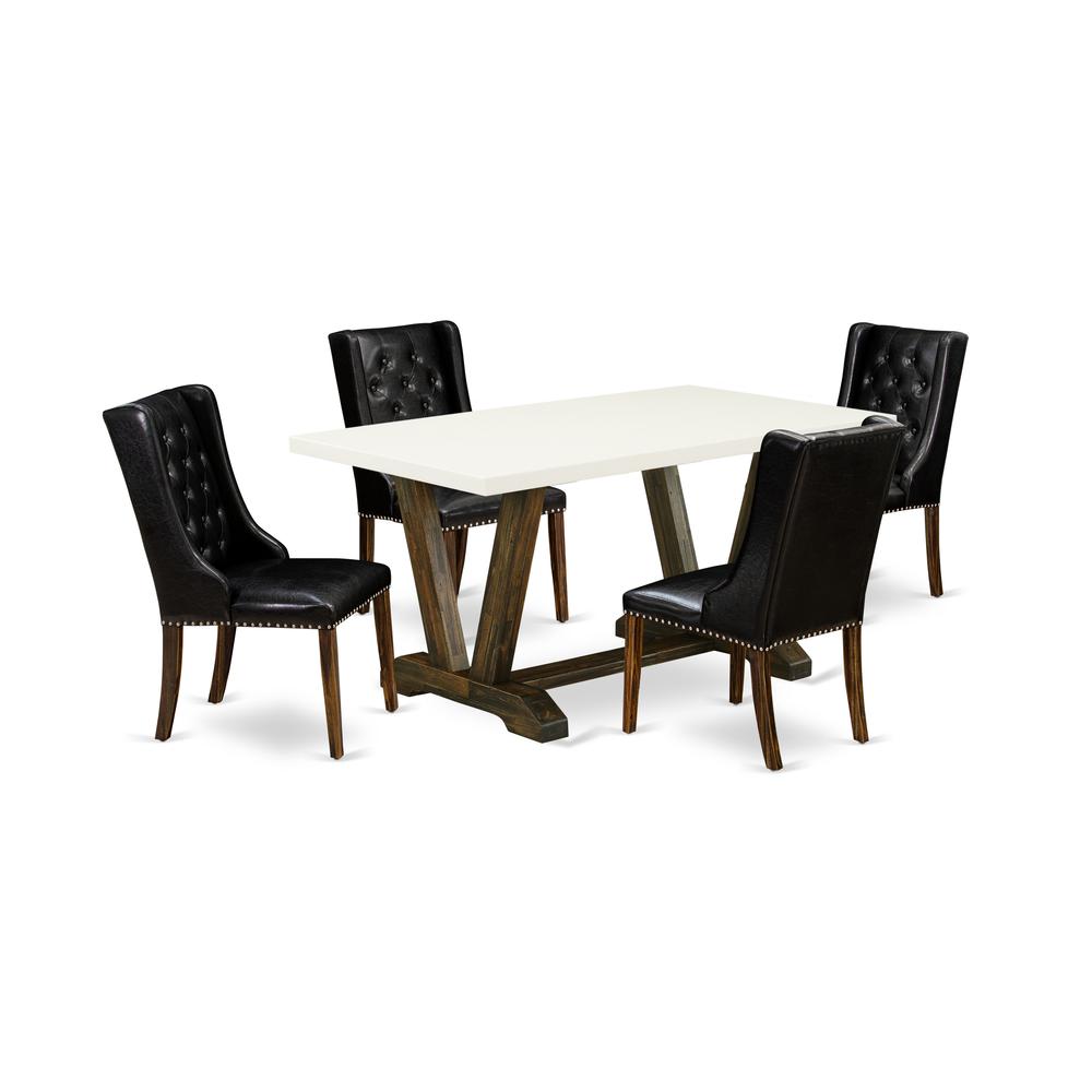 East West Furniture V726FO749-5 5 Piece Dining Room Table Set - 4 Black Pu Leather Mid Century Dining Chairs Button Tufted with Nail heads and Dining Table - Distressed Jacobean Finish. Picture 1