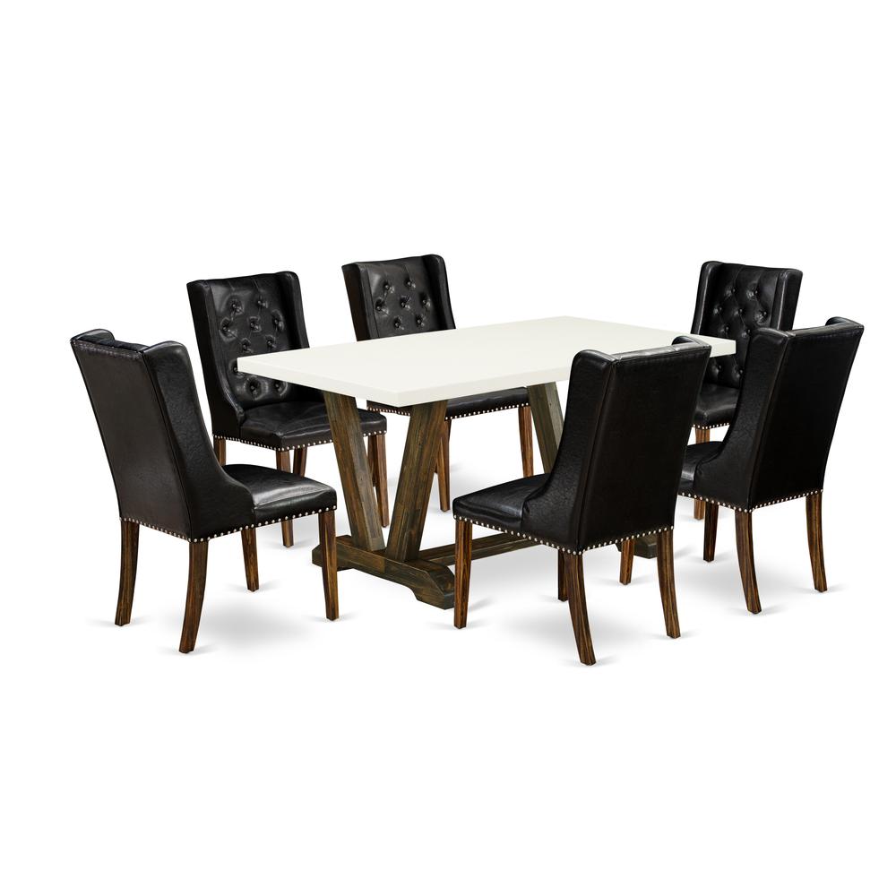 East West Furniture V726FO749-7 7-Piece Kitchen Table Set - 6 Black Pu Leather Parson Chairs Button Tufted with Nail heads and Rectangular Table - Distressed Jacobean Finish. Picture 1