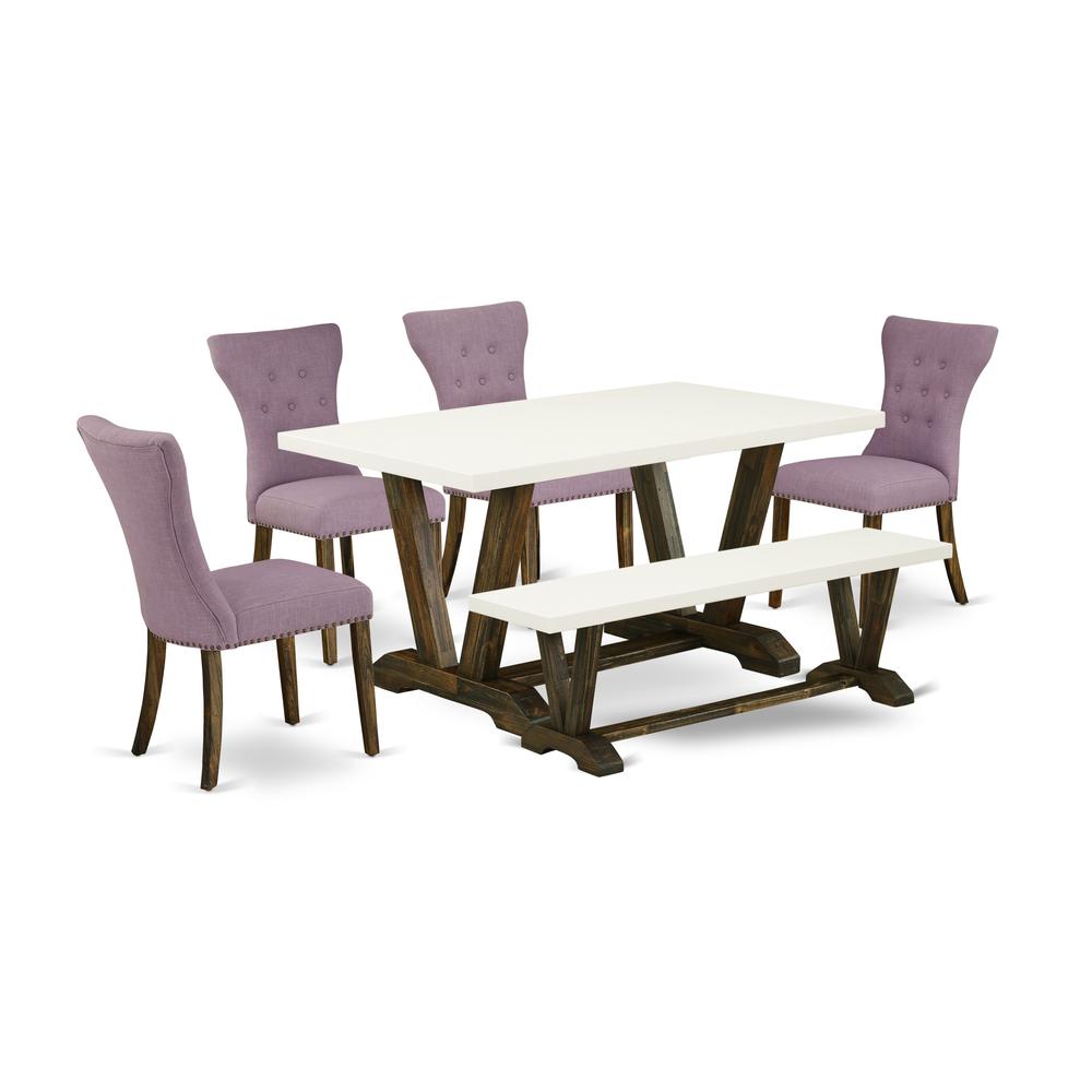 East West Furniture V726GA740-6 6-Pc Dining Table Set- 4 Upholstered Dining Chairs with Dahlia Linen Fabric Seat and Button Tufted Chair Back - Rectangular Top & Wooden Legs Kitchen Table and Small Be. Picture 1